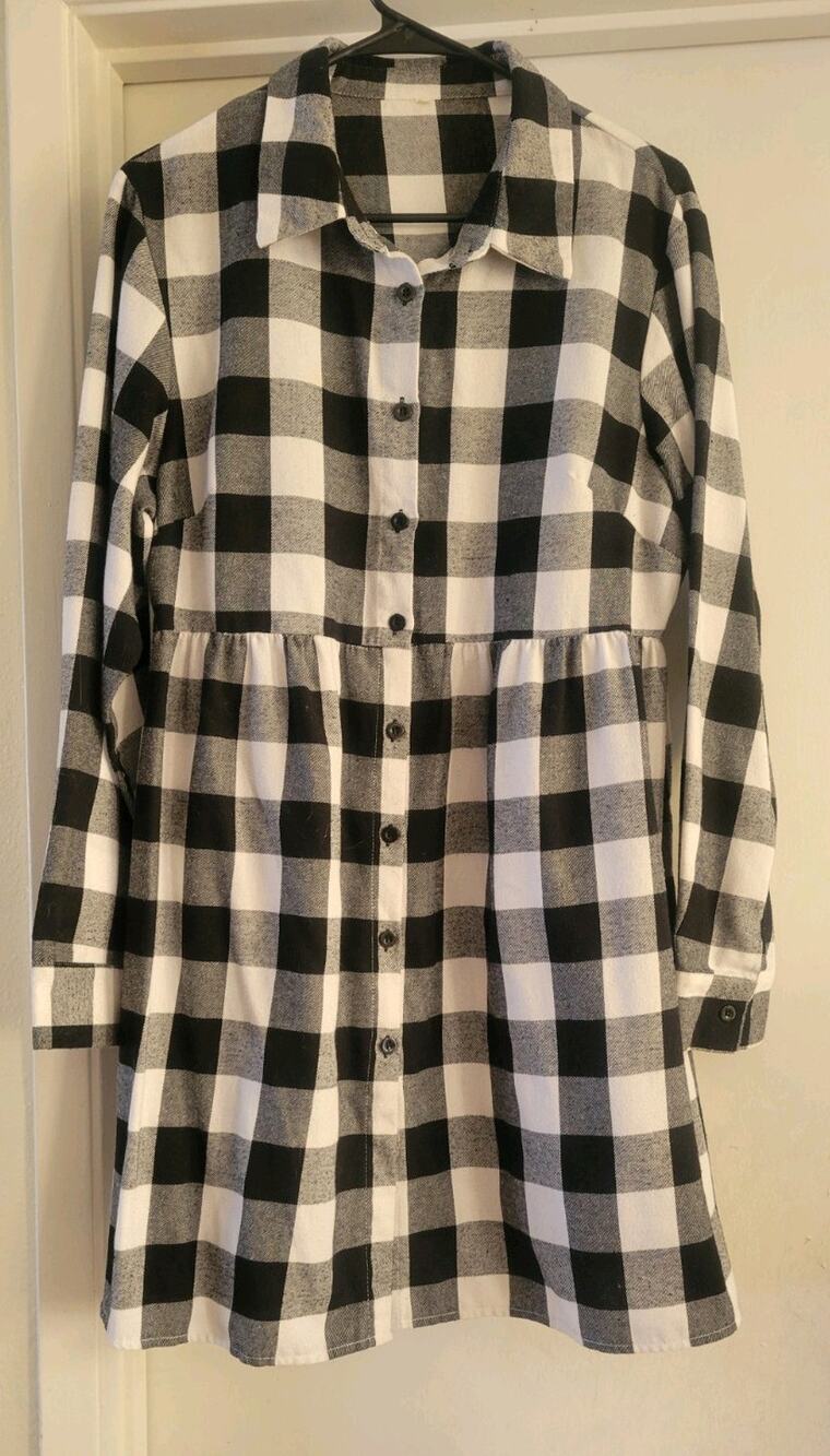 SHEIN Womens XL Black White Buffalo Plaid Babydoll Dress Button Front